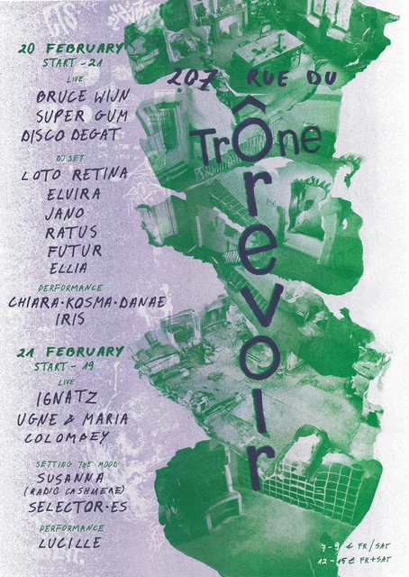 Poster with abstract collage in light purple abstract fomrs on the left and greenish photocollages of interior rooms on the right side. There is text on the poster anouncing the show, the text is the same as beneath in the post. ine-up: Live music: Ignatz, Ugne & Maria, Colombey - Setting the mood: Susanna, Radio Cashmere, Selector.ES - Performance: Lucille, starts at 19h